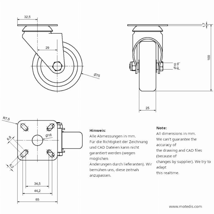 Roue 75 bride articulée sans frein - NEUF