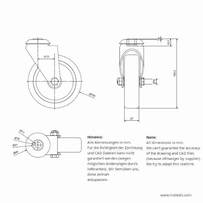 Roue articulées 100 trou de boulon unique, sans frein - NEUF