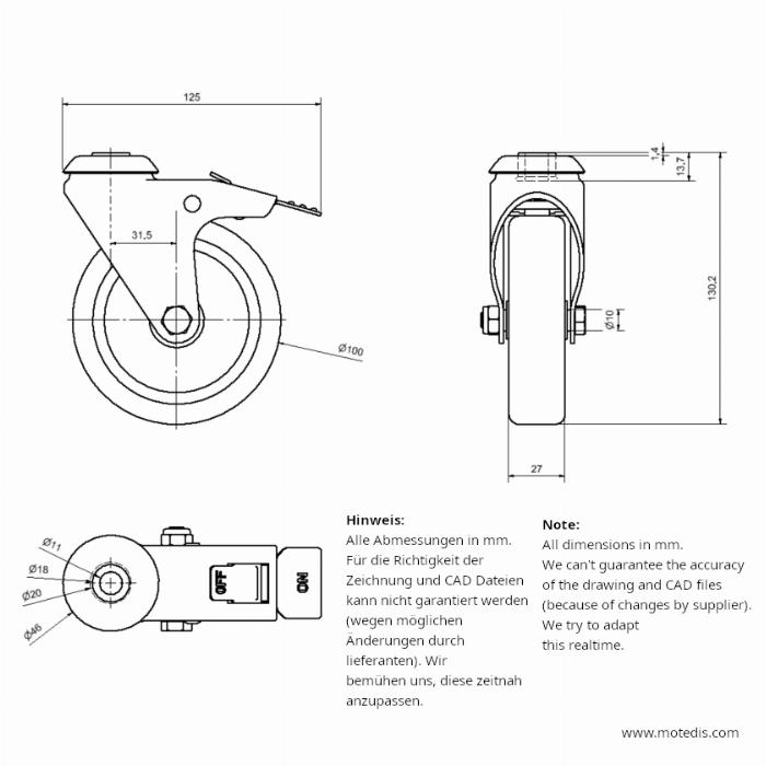 Roue articulées 100 trou de boulon unique, avec frein - NEUF