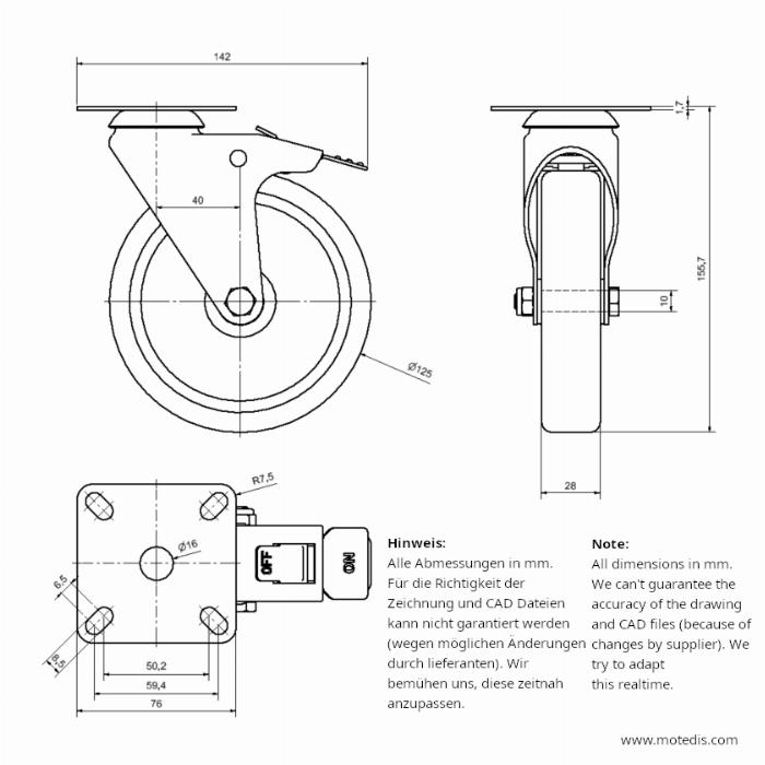 Roue 125 bride articulée avec frein - NEUF