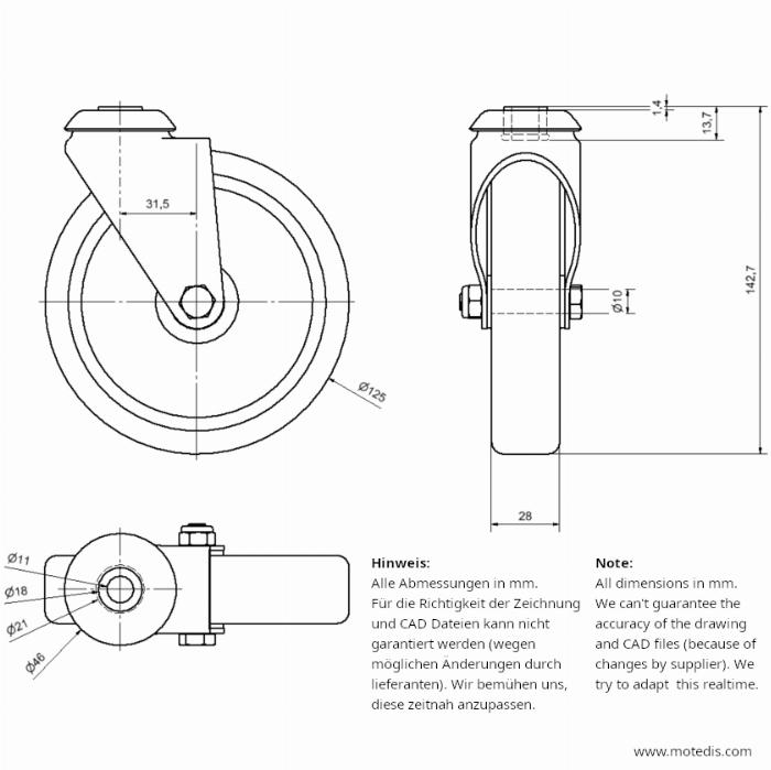 Roue articulées 125 trou de boulon unique, sans frein - NEUF