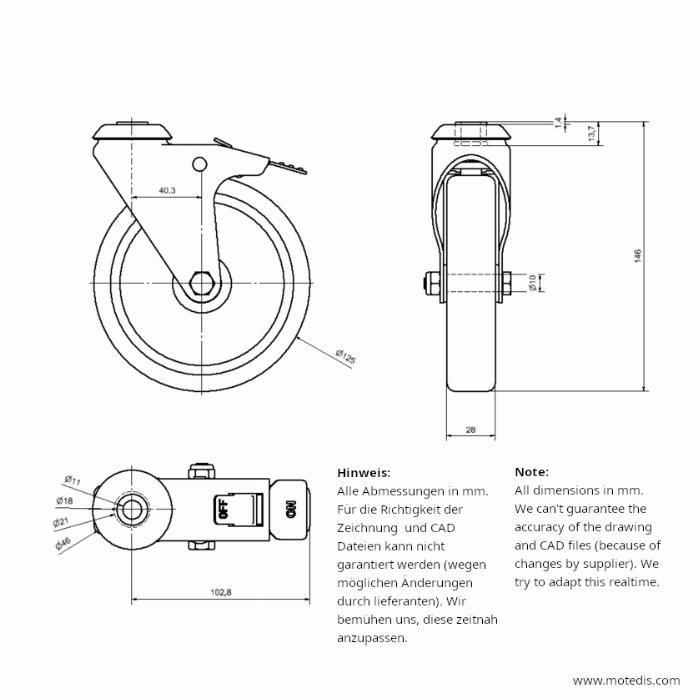 Roue articulées 125 trou de boulon unique, avec frein - NEUF