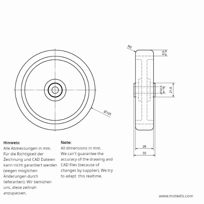 Roue de transport PP Ø125 trou 10mm