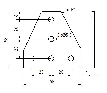 Plaque de connexion en T 58x58x3, Découpe au laser,  série 20 ACIER