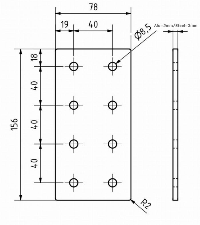 Plaque de connexion double 156x78x3, découpée au laser ACIER