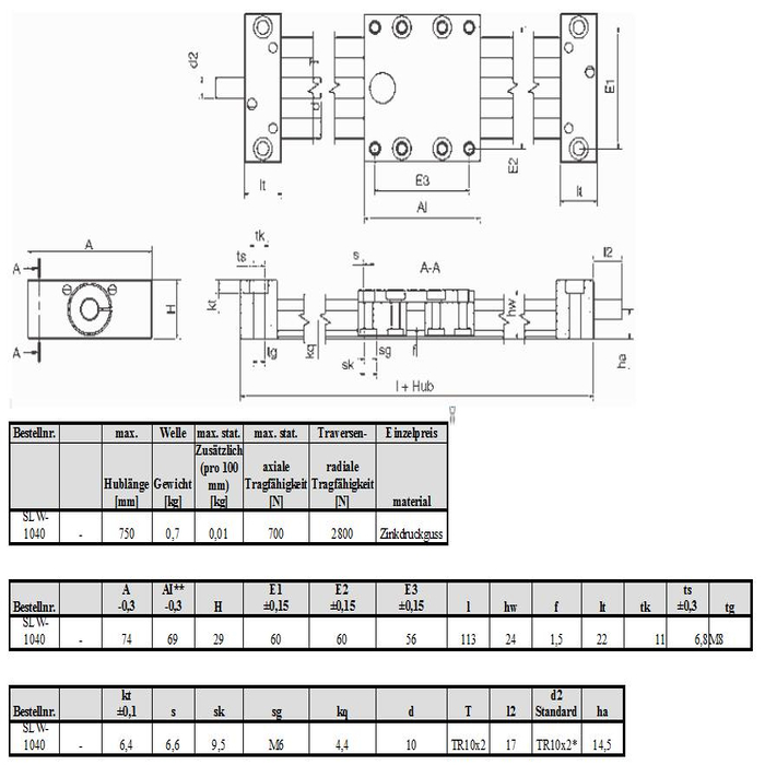 Kit Système d‘entraînement Drylin SLW-1040 Broche filetée trapézoïdale 10x2, Moyeu 600mm