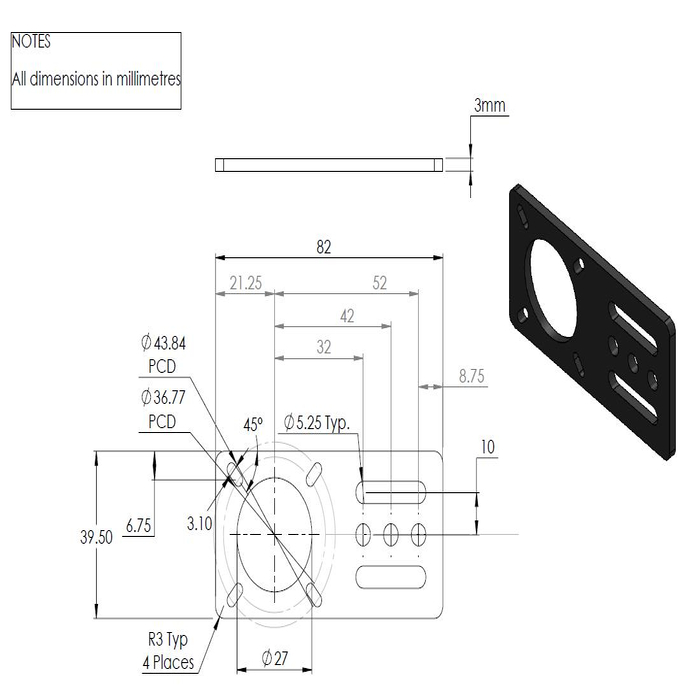 Plaque support moteur NEMA 17, Laser cut, t=3mm