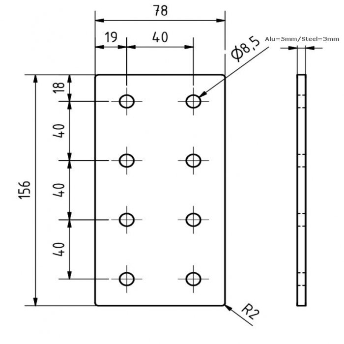 Plaque de connexion double 156x78x5, découpée au laser