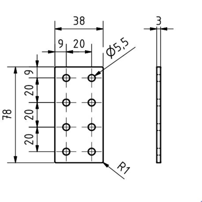 Plaque de connexion double 38x78x3, Découpe au laser