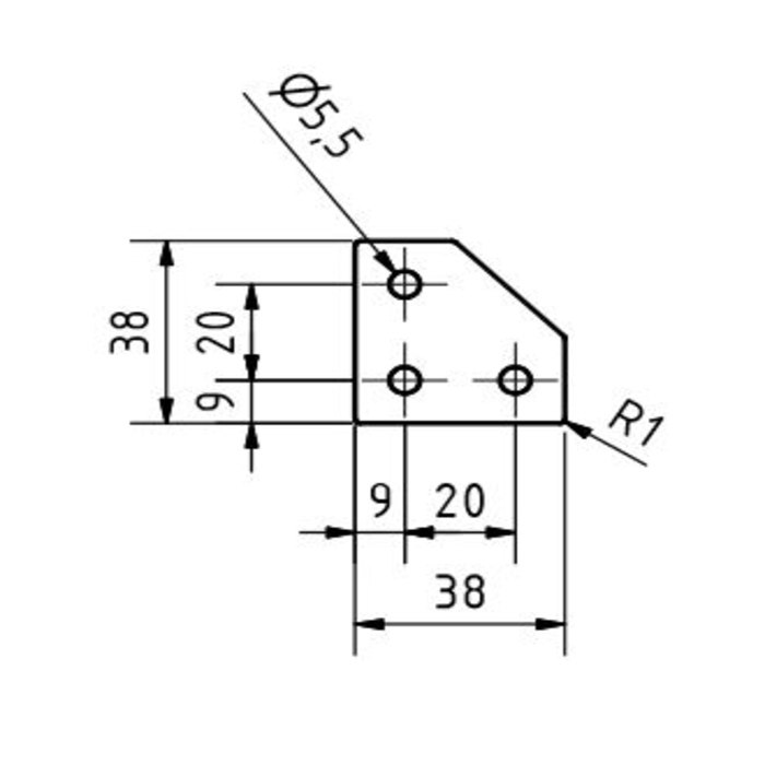 Plaque de connexion en L 38x38x3. Découpe au laser