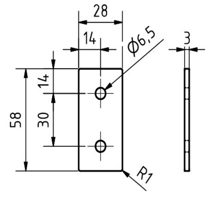 Plaque de connexion 28x58x3, découpée au laser