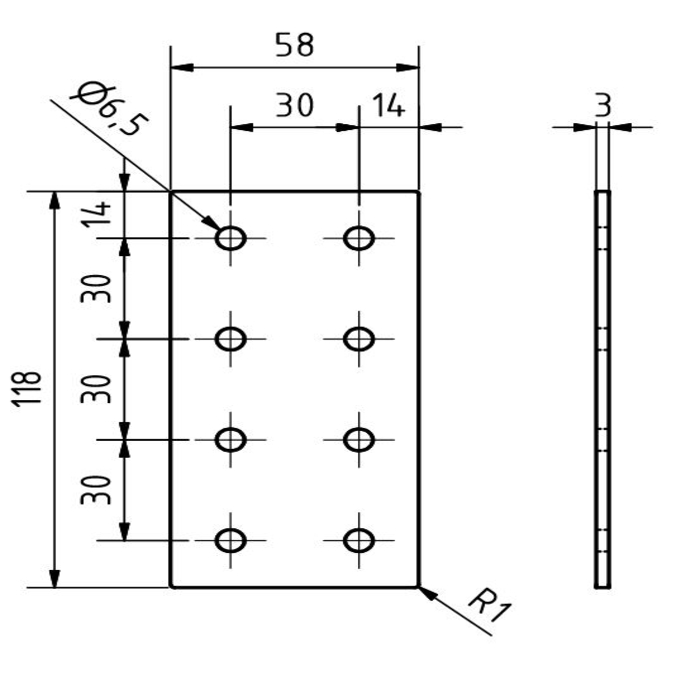 Plaque de connexion double 58x118x3, découpée au laser