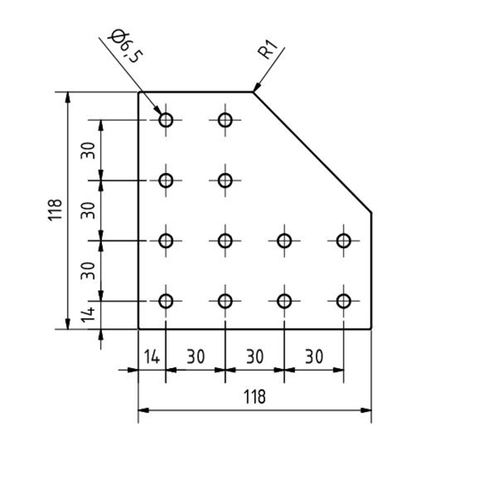 Plaque de connexion en L 118x118x3, découpée au laser