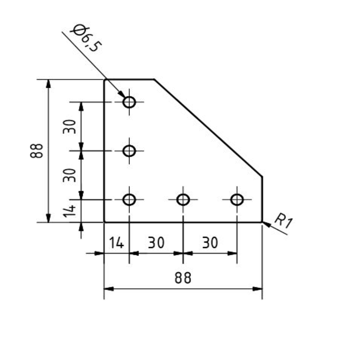 Plaque de connexion aluminium lasuré 88x88x3 -L- 5 trous 30s