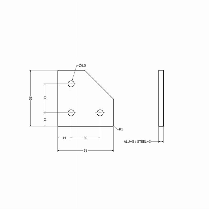 Plaque de connexion lasuré 58x58x3 -L- 3 trous 30s