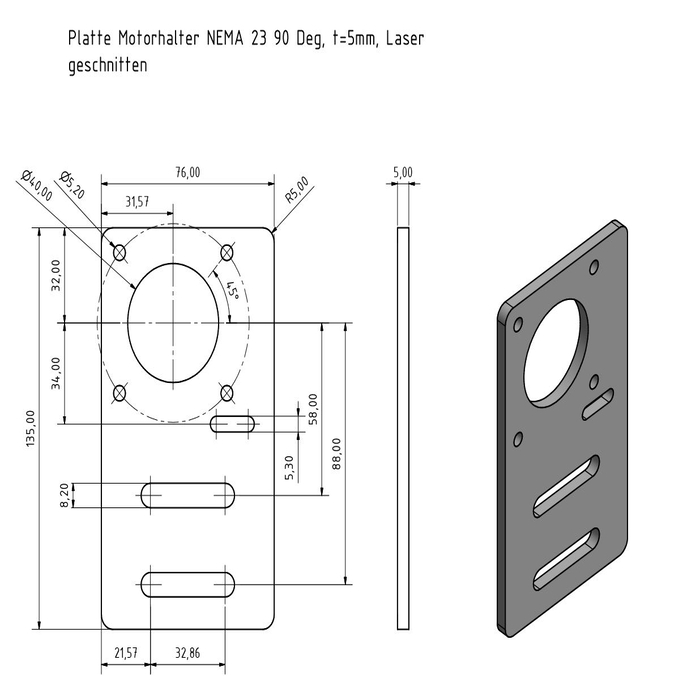 Plaque support moteur NEMA 23 90 Deg, t=5mm, Laser cut