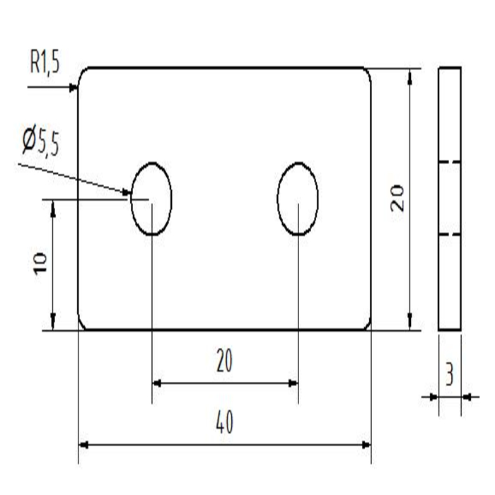 Plaque de connexion aluminium / acier lasuré 20x40x3 2 trous 20s