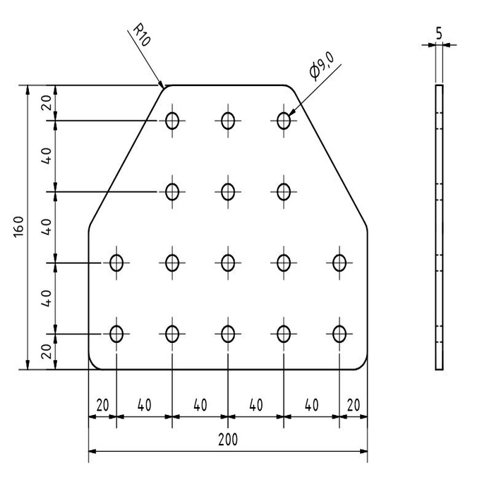 Plaque de connexion en T 200x160x5, découpée au laser