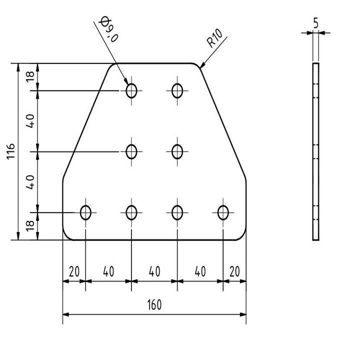 Plaque de connexion en T 160x116x5, découpée au laser