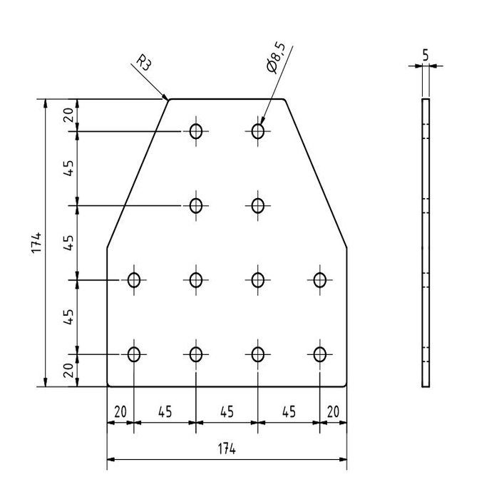 Plaque de connexion en T 174x174x5, Découpée au laser