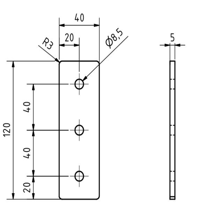 Plaque de connexion alum. découpée au laser 40x120x5, 3 trous, série 40