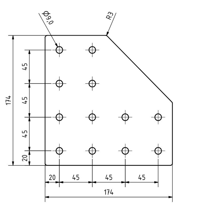 Plaque de connexion en L 174x174x5, Découpée au laser