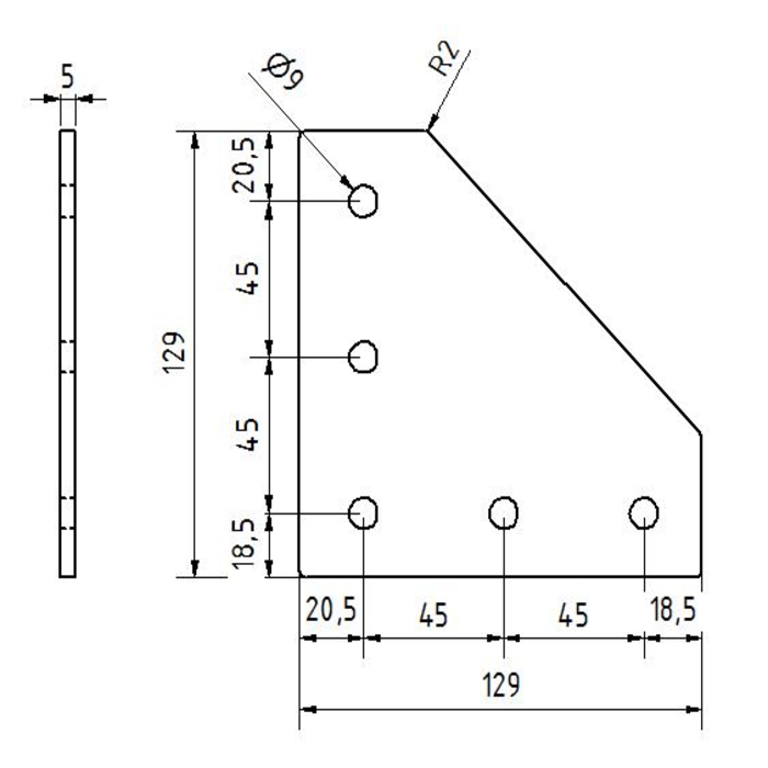 Plaque de connexion en L  129x129x5, Découpée au laser