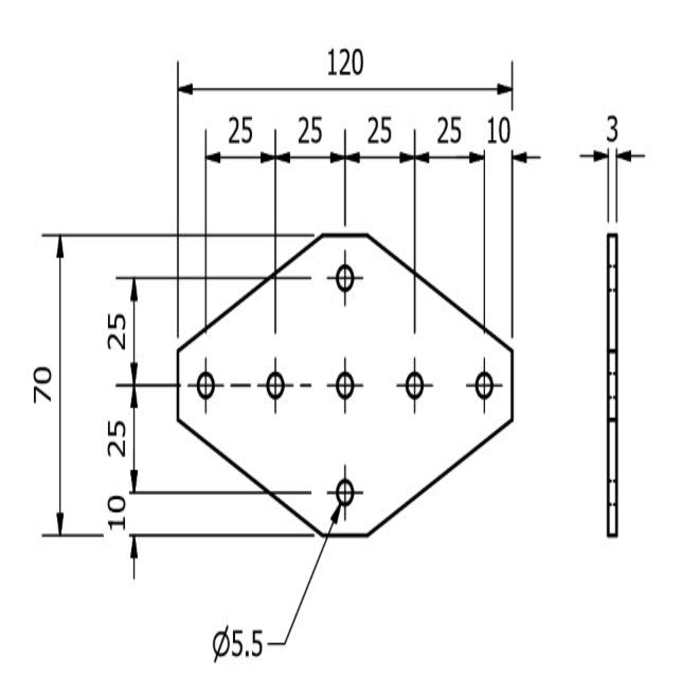 Plaque de connexion en X 120x70x3, découpée au laser