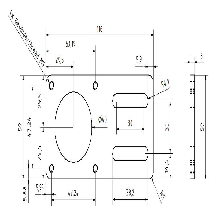 Plaque support moteur NEMA 23 - 0DEG M8-30, t=5mm, Laser cut