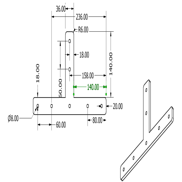 Plaque de connexion -T- Alu au laser 36x140x8