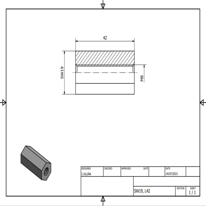 Hexagone en aluminium SW19 longueur 42mm M8 sur toute sa longueur