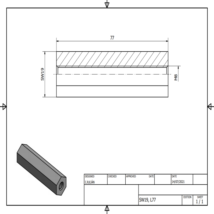 Hexagone en aluminium SW19 longueur 77mm M8 sur toute sa longueur