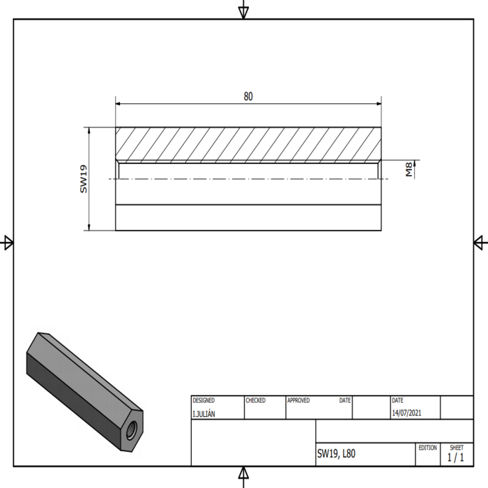 Hexagone en aluminium SW19 longueur 80mm M8 sur toute sa longueur