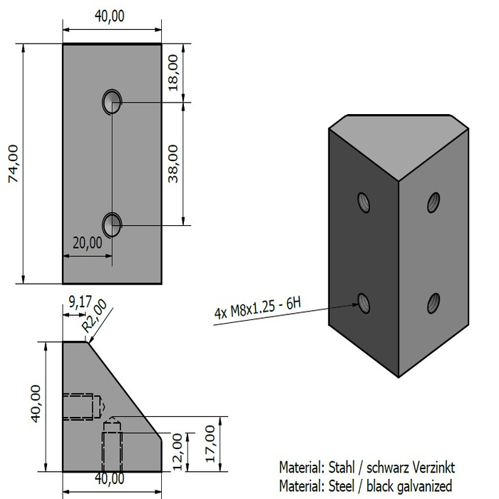 Angle 74x40 acier noir galvanisé