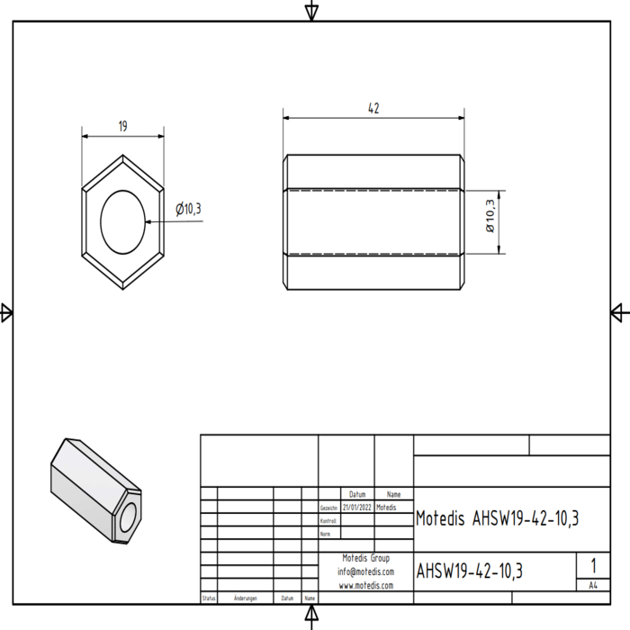 Hexagone en aluminium SW19 longueur 42mm Ø10,3 sur toute sa longueur