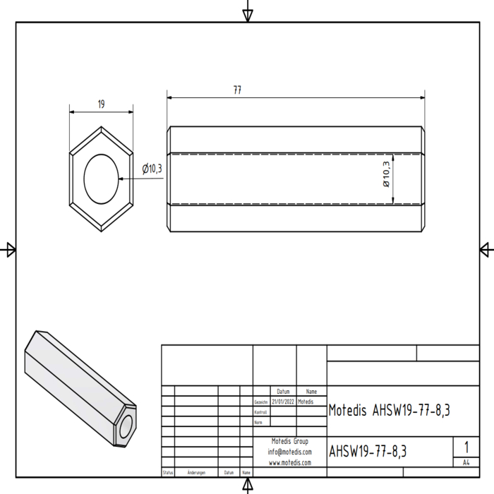 Hexagone en aluminium SW19 longueur 77mm Ø8,3 sur toute sa longueur