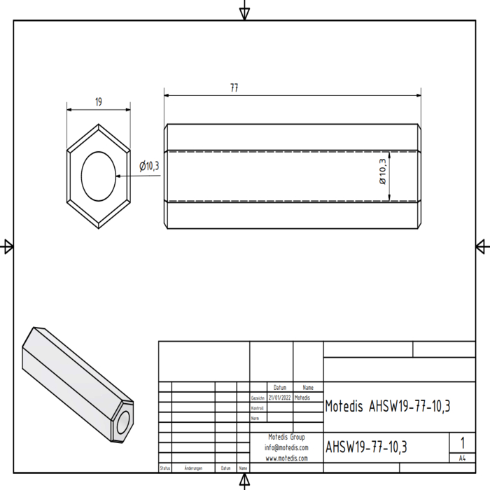 Hexagone en aluminium SW19 longueur aHexagone en aluminium SW19 longueur 77mm Ø10,3 sur toute sa longueur77mm Ø10,3 sur toute sa longueur