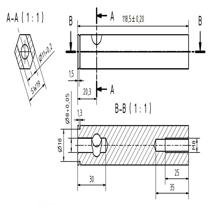 Axe hexagonal en aluminium SW19 L=118,5mm - D11